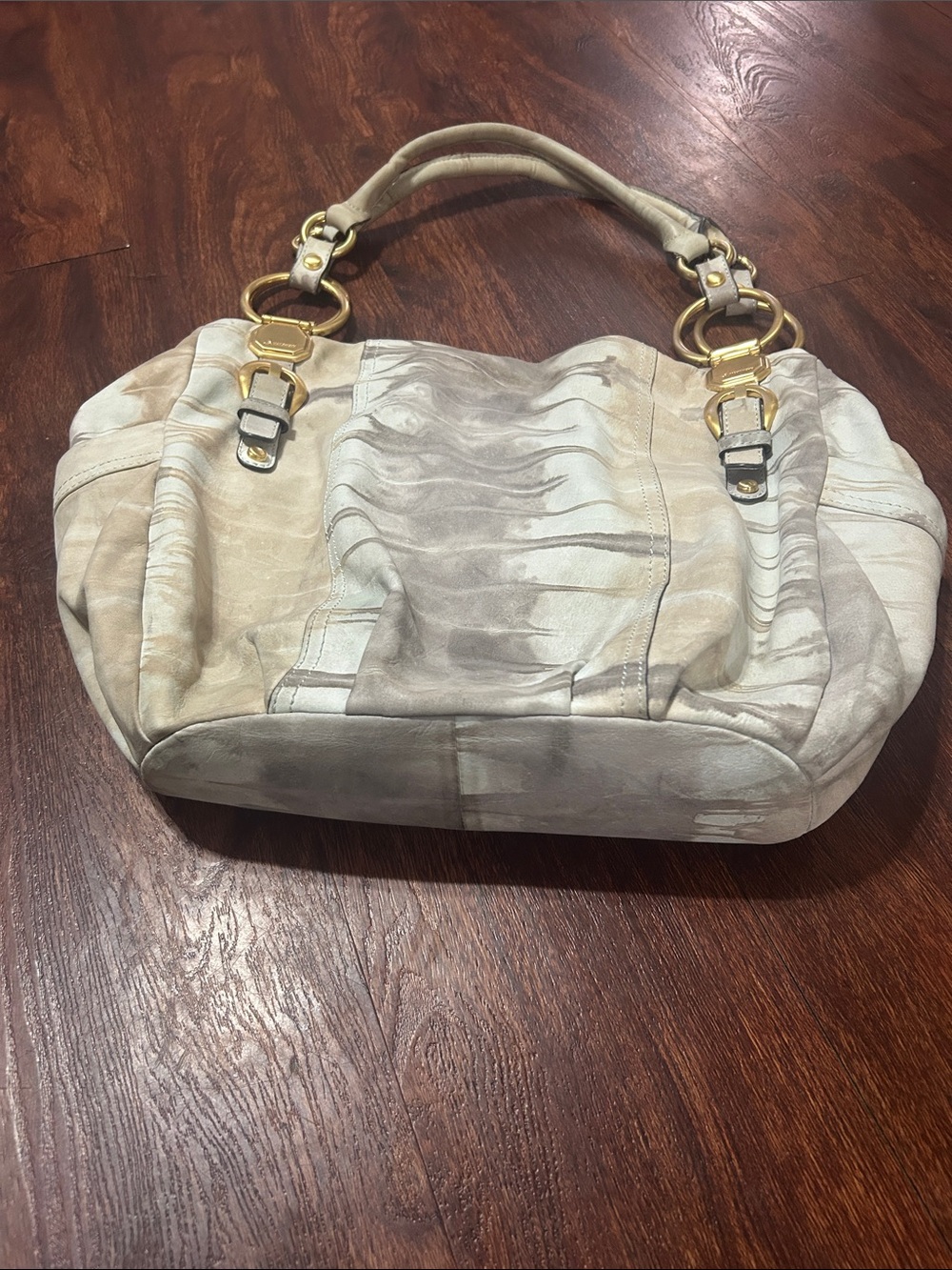 b. makowsky Beige and Light Gray Tie-Dye Leather Shoulder Bag with Gold Hardware - Picture 2 of 14